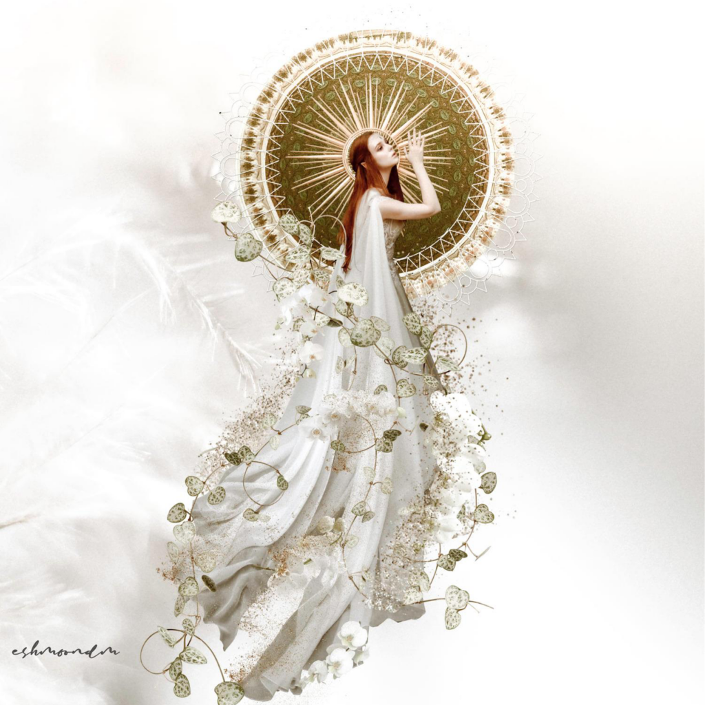 faerie-like woman profile with white dress with golden halo